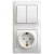 Блок: розетка с заземлением со шторками + выключатель двухклавишный белый Блок: розетка с заземлением со шторками + выключатель двухклавишный белый